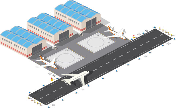 Isometric  of the city airport, flight of construction and building, terminal, planes