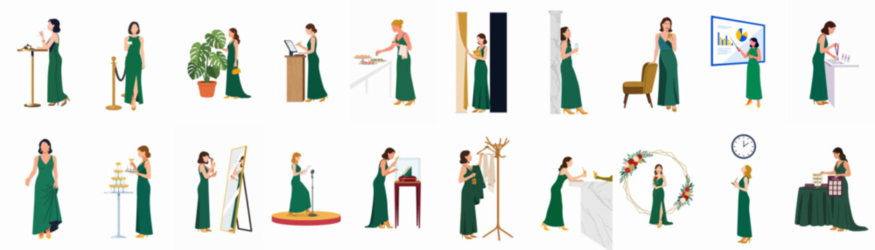Collection of illustrations featuring elegant women in green evening gowns engaged in various activities at a formal gala or luxury social event.
