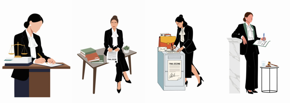 Professional female lawyer or notary signing legal documents in various office settings, flat minimalist vector illustration isolated on white background.