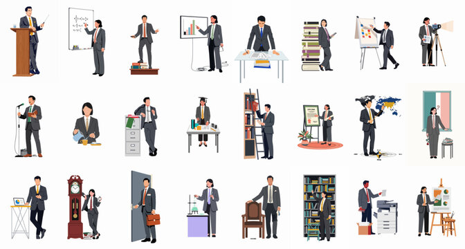 A diverse collection of flat vector illustrations featuring professionals in suits engaged in various business, educational, and academic activities.