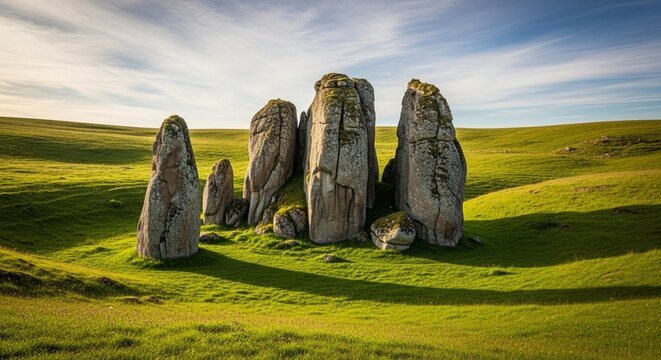 Majestic tall rock formations standing in the middle of a lush green grassy field