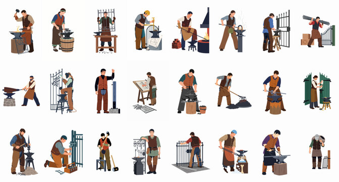 Flat vector illustration set of blacksmiths and metalworkers performing traditional forge tasks, from hammering hot iron to crafting ornate metal gates.