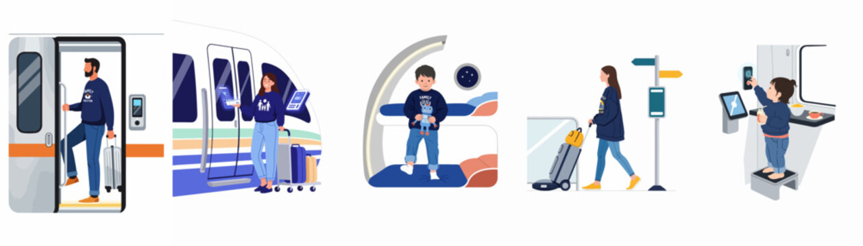 Flat vector illustrations depicting a family's travel experience on a modern train, including boarding, ticket scanning, and scenes inside the train cabin.