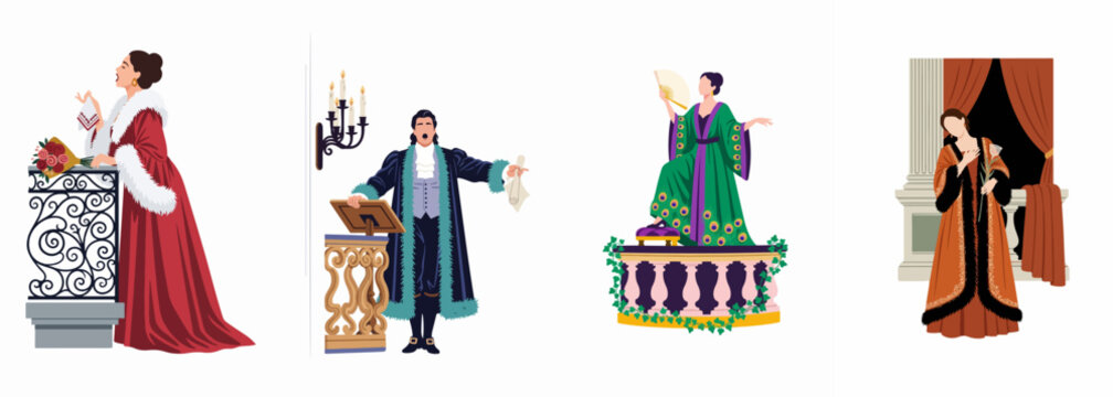 Set of diverse opera singers in historical costumes performing on stage, featuring soprano and tenor characters in elegant theatrical attire.