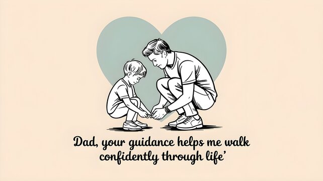 A father helping his young son tie his shoelaces, symbolizing guidance, support, and love, with a heart shape in the background and an inspirational quote about fatherhood