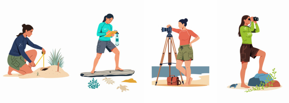 Set of female marine biologists and conservationists researching and protecting sea turtles on a beach, featuring nest measuring, field notes, photography, and observation.