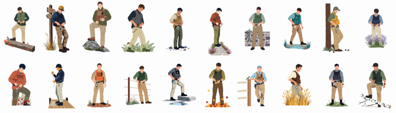 Collection of men in tactical outdoor gear navigating various natural landscapes using compasses and watches, featuring survivalist and explorer themes on white background.