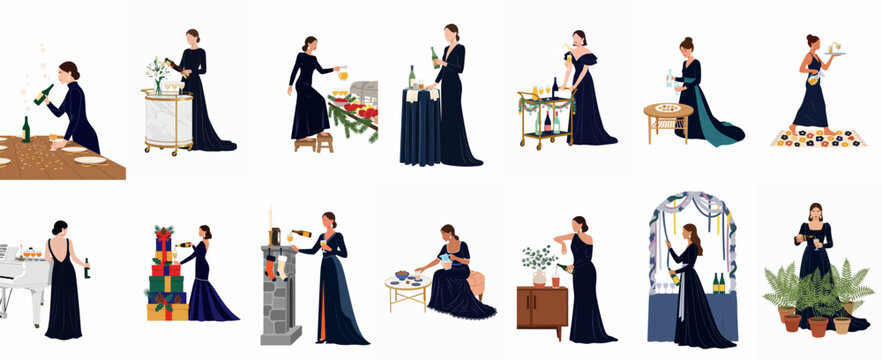 Collection of illustrations featuring an elegant woman in a dark evening gown hosting and celebrating at various festive events and formal parties.