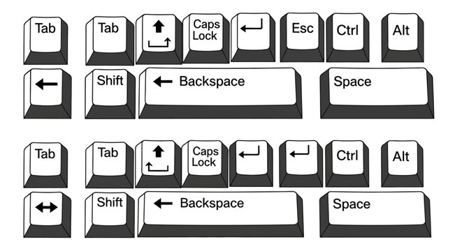 Set of various computer keyboard keys including Tab, Shift, Space, and Backspace buttons in a 3D vector illustration style