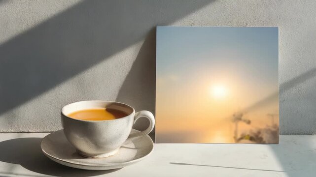 A cup of tea sits on a white saucer in soft morning sunlight, casting gentle shadows on a minimalist surface. Next to it, a square photo of a serene sunrise adds a peaceful ambiance