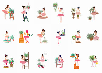 Fototapeta premium Collection of illustrations featuring young girls in tutus engaged in indoor gardening, watering, and tending to spider plants on a plain white background.