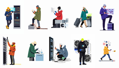Collection of technicians and hackers working on data centers and server equipment in extreme cold environments wearing winter gear. © Limo