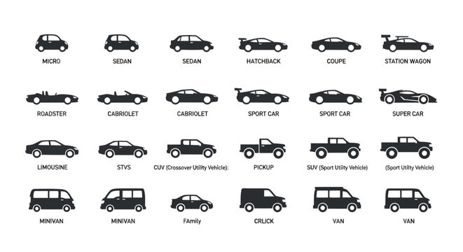 Comprehensive Set of Flat Vector Icons Representing Various Modern Automotive Car Body Styles and Transportation Vehicle Classifications