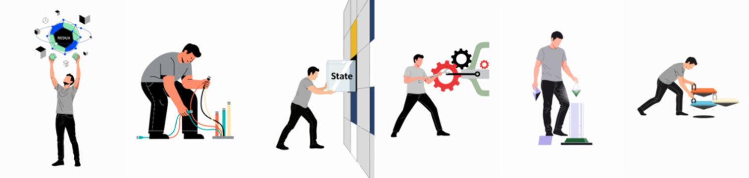 Vector illustration set depicting various concepts of Redux state management process, from data flow and logic to state storage and UI updates.