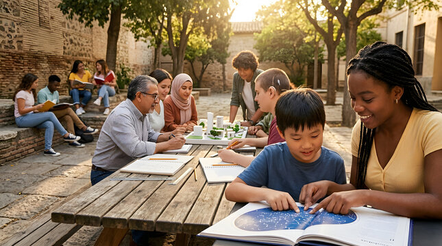 a group of people sitting at a picnic table