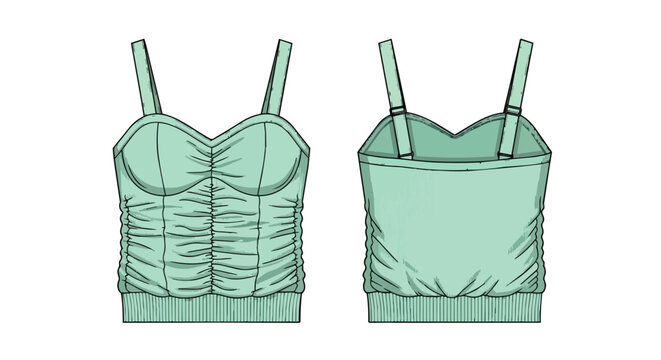 Women Mint Green Ruched Bustier Top Technical Fashion Flat Sketch Illustration Front and Back View for Design