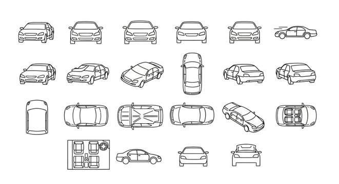 Comprehensive set of automobile technical line art projections showing various exterior view angles and internal seating layouts for automotive design