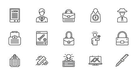 Fototapeta premium Versatile set of outline vector icons depicting various business concepts, digital technology, tools, and everyday items, ideal for contemporary applications and interfaces