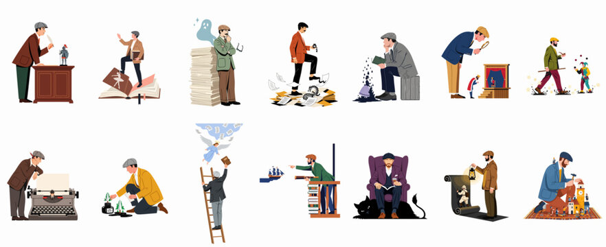 A collection of surreal vintage illustrations depicting writers and thinkers engaged in imaginative storytelling and historical exploration through various literary themes.