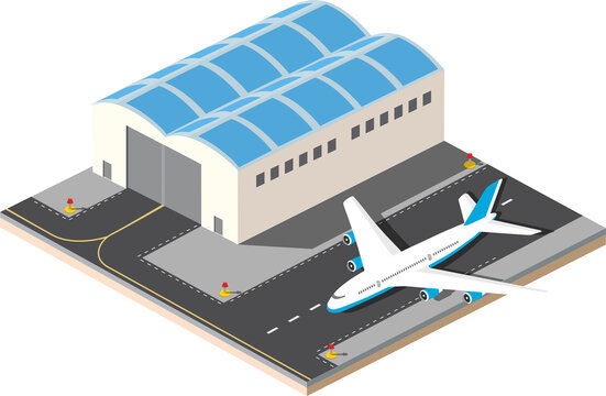 Isometric  of the city airport, flight of construction and building, terminal, planes