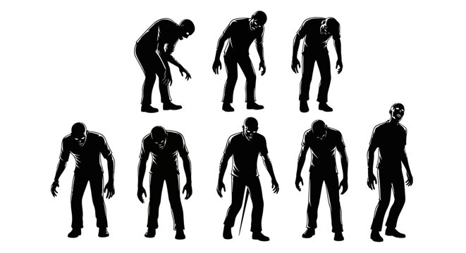 Collection of spooky zombie silhouettes in walking and standing poses for horror themed designs