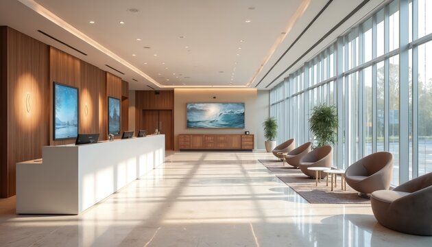 Modern bank lobby with white reception desk digital displays, comfortable seating. Large windows offer natural light, view of outside area. Interior feels spacious, clean for business operations.