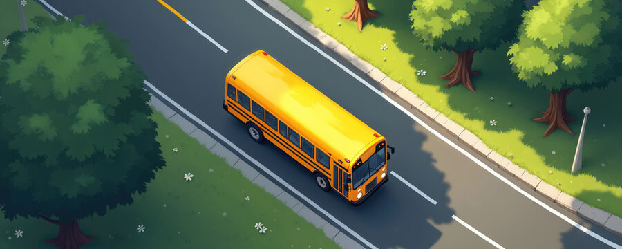Aerial illustration displays a yellow school bus driving on a road surrounded by trees. Educational theme, travel, public transport concept. Ideal for educational resources back to school campaigns.