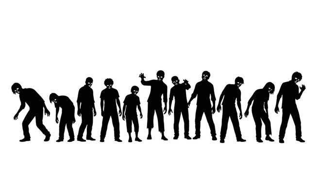 Silhouetted Zombie Horde Figures Marching Together in a Line on Isolated White Background