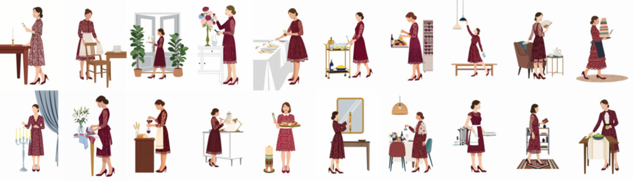Collection of illustrations showing an elegant woman in a burgundy lace dress performing various household tasks, hosting duties, and lifestyle activities.
