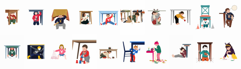 Set of diverse children illustrations playing, hiding, and celebrating Christmas under furniture, wearing festive sweaters and reindeer antlers. © Papat