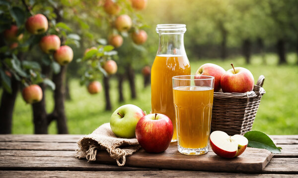 clear glass and large bottle of fresh apple juice alongside a woven basket filled with red and green apples on a rustic wooden table in a sunny orchard
