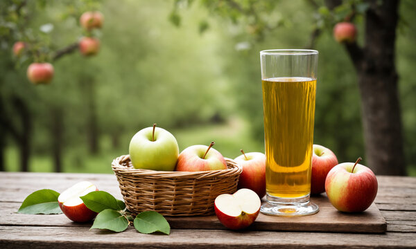 tall transparent glass filled with organic apple juice standing near a small woven basket holding ripe harvested apples on a wooden surface in a garden