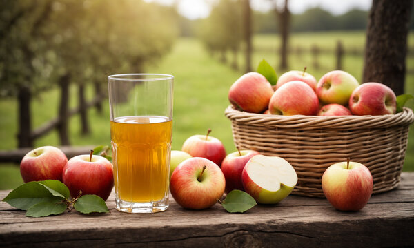large traditional wicker basket overflowing with fresh red apples sitting next to a tall glass of cold apple juice on a wooden table in an autumn orchard