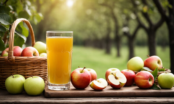 full glass of cold refreshing apple juice surrounded by scattered ripe apples and a woven storage basket on a rustic wooden table in a natural orchard