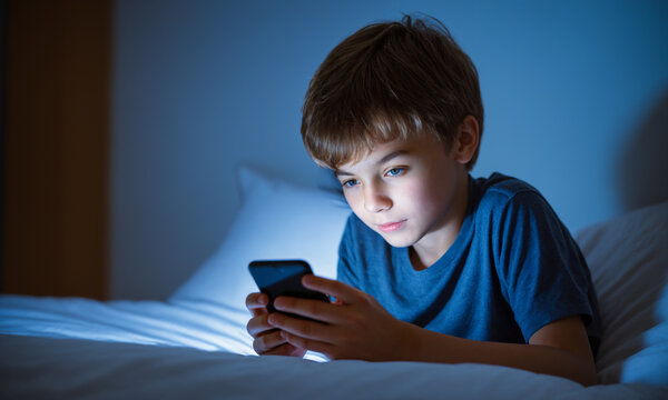 young boy lying awake in bed at night holding a smartphone with glowing screen light illuminating his focused facial expression in the dark bedroom.