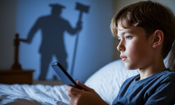 young boy looking at a smartphone in bed at night with a large ominous shadow of a threatening man holding a hammer projected on the bedroom wall behind him.