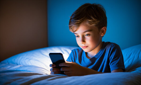 young male child looking intensely at a smartphone screen while resting in bed late at night with a bright blue glow illuminating his face in the dark room.