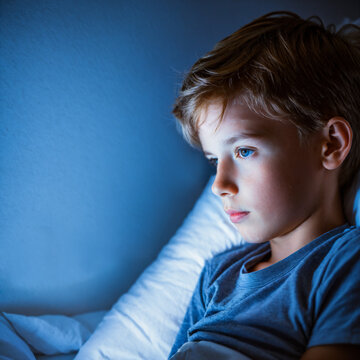 close up side profile of a young boy resting in bed late at night with a smartphone illuminating his exhausted facial expression in a dark bedroom environment.
