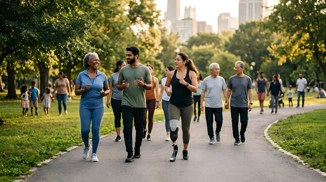 a group of people walking down a path in a park