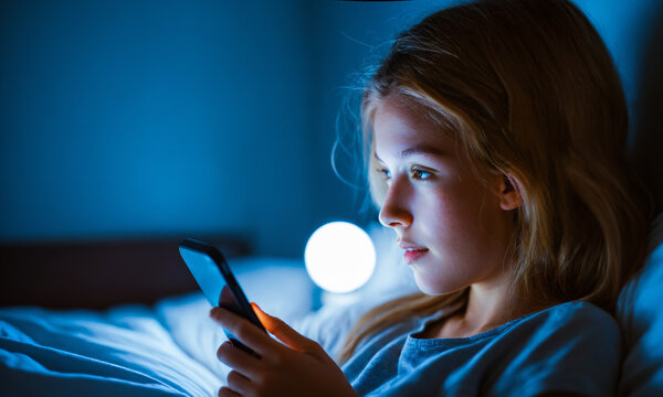 teenage girl lying in bed at night looking at a glowing smartphone screen illuminating her face with a lamp.