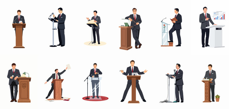 Collection of professional male speakers and businessmen in suits giving presentations behind various lecterns and podiums on a white background.