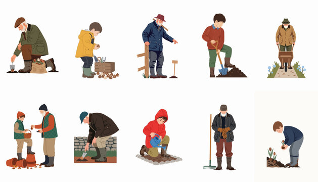 Illustrated set of grandfathers and grandsons gardening, planting bulbs, watering plants, and working together outdoors in a spring or autumn garden.