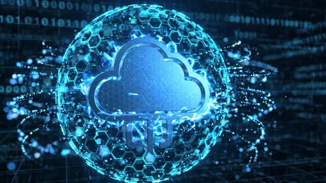 Quantum encryption secures cloud network data within digital sphere glowing with blue hexagonal patterns and advanced binary code