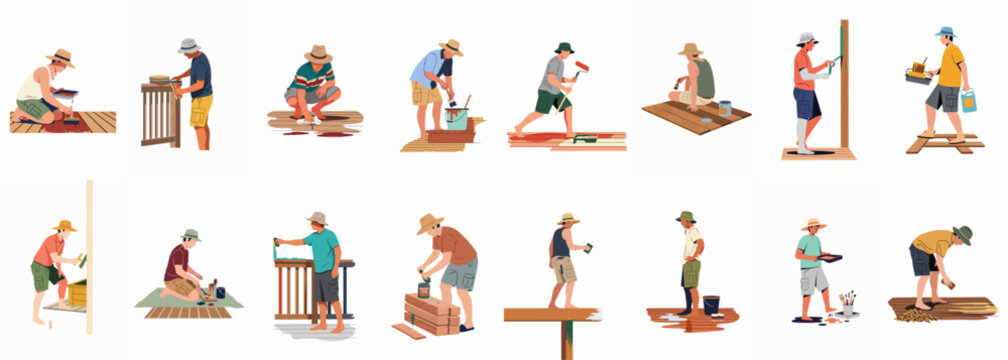 Collection of men staining and painting wooden decks and railings in various poses for home improvement and DIY projects.