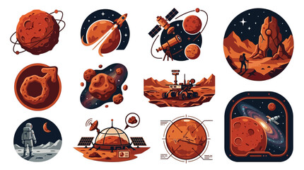 Collection of illustrations depicting Mars exploration, including rovers, astronauts, and celestial bodies in space. © tr
