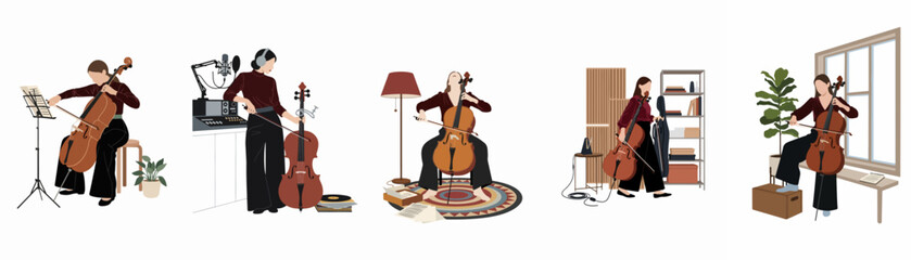 Collection of illustrations featuring a young woman playing the cello in various settings like a recording studio, a living room, and by a window. © Telu