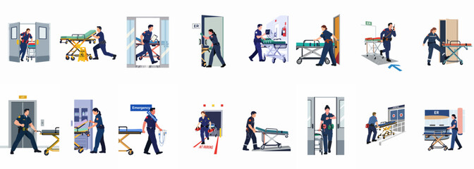 A collection of flat vector illustrations depicting paramedics and emergency medical technicians working with stretchers in hospital hallways and ambulance areas. © Papat