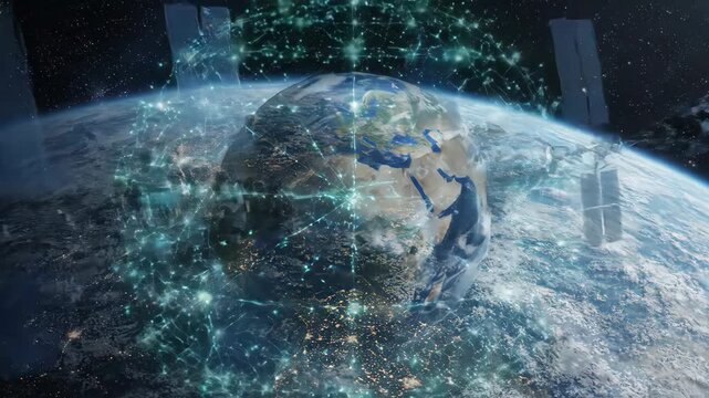Quantum encryption network technology connects satellites in space above Earth for secure communication and advanced innovation