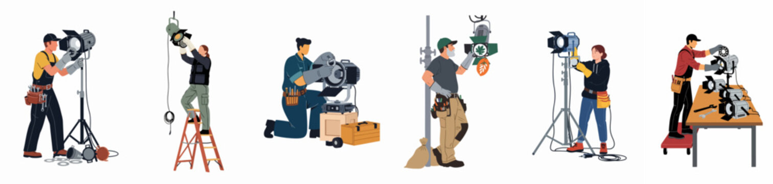 Professional movie set lighting technicians and gaffers adjusting studio spotlights and equipment, flat vector illustration set on white background.