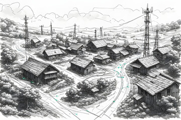 Fototapeta premium Rural Mountain Village with Wooden Houses and Power Lines